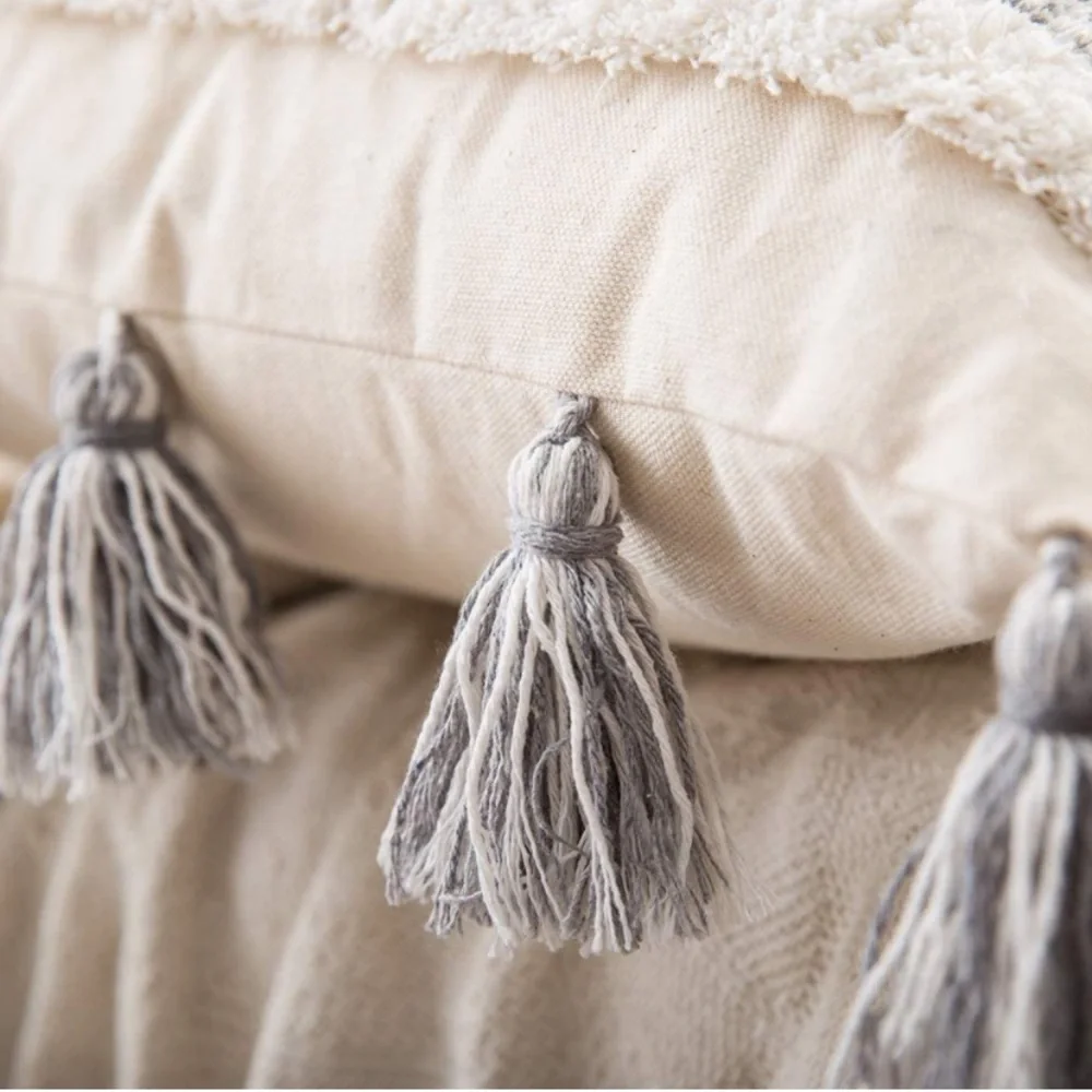 Luxury Home | Oversized Grey Boho Chic Tufted Striped Tassel Trim Pillow Cover